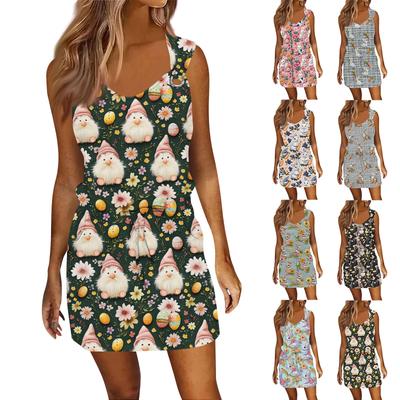 Robe Décontractée Mode Femme Imprimée Pâques Sans Manches Cordon de Serrage Avec Poches
