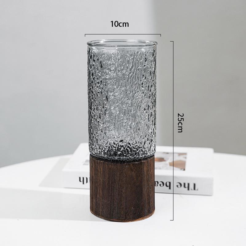 Vase en verre haut de gamme de style milieu de siècle avec base en bois pour fleurs fraîches, grand calibre, ornement hydroponique, livraison gratuite.