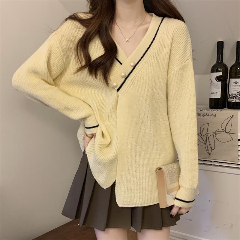 Autumn Winter V-neck Casual Fashion Patchwork Knitting Coat Women Long Sleeve All-match Pullover Sweater Top