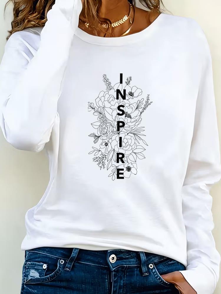 (Asian Size) Lovely Butterfly Style Print T Shirt Tee Women Clothing Autumn Winter Spring Casual Fashion Top O-neck Graphic Long Sleeve T-shirts