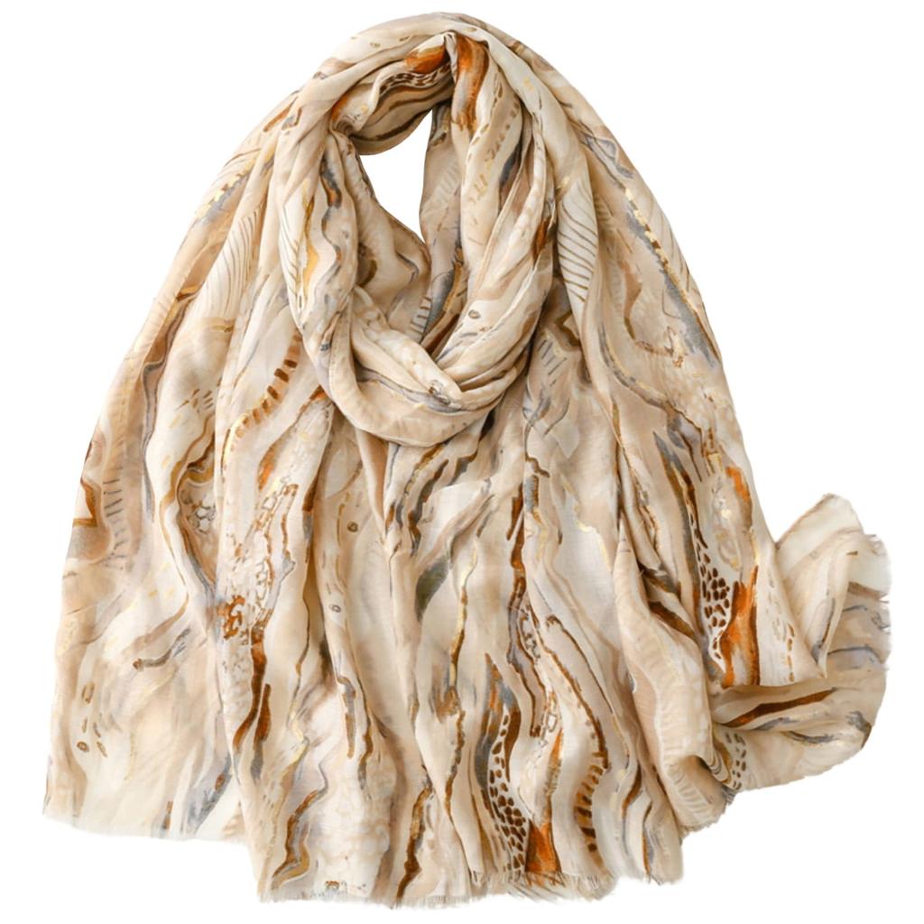 Women' scarf with beige waves and gold shimmer 180x90