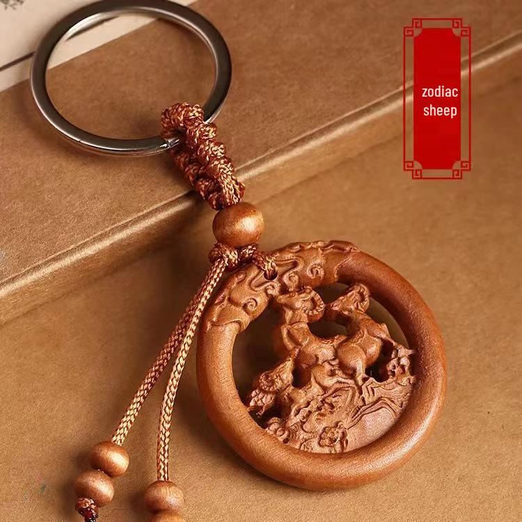 Peach Wood Zodiac Keychains: Year of the Dragon Pendant with Rat, Ox, Tiger Carvings - Carry-on Ornament Gift
