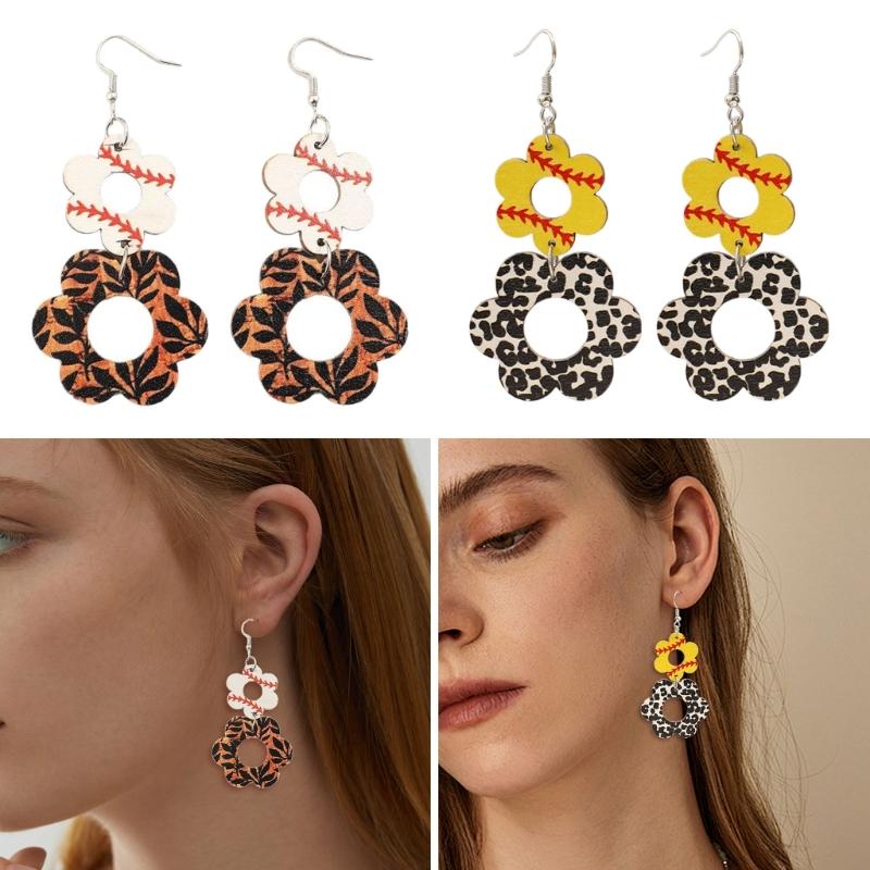 Retro Wood Earrings with Unique Hollow Flower and Cow Pattern Elegant Drop Ear Pendant for Stylish Ladies