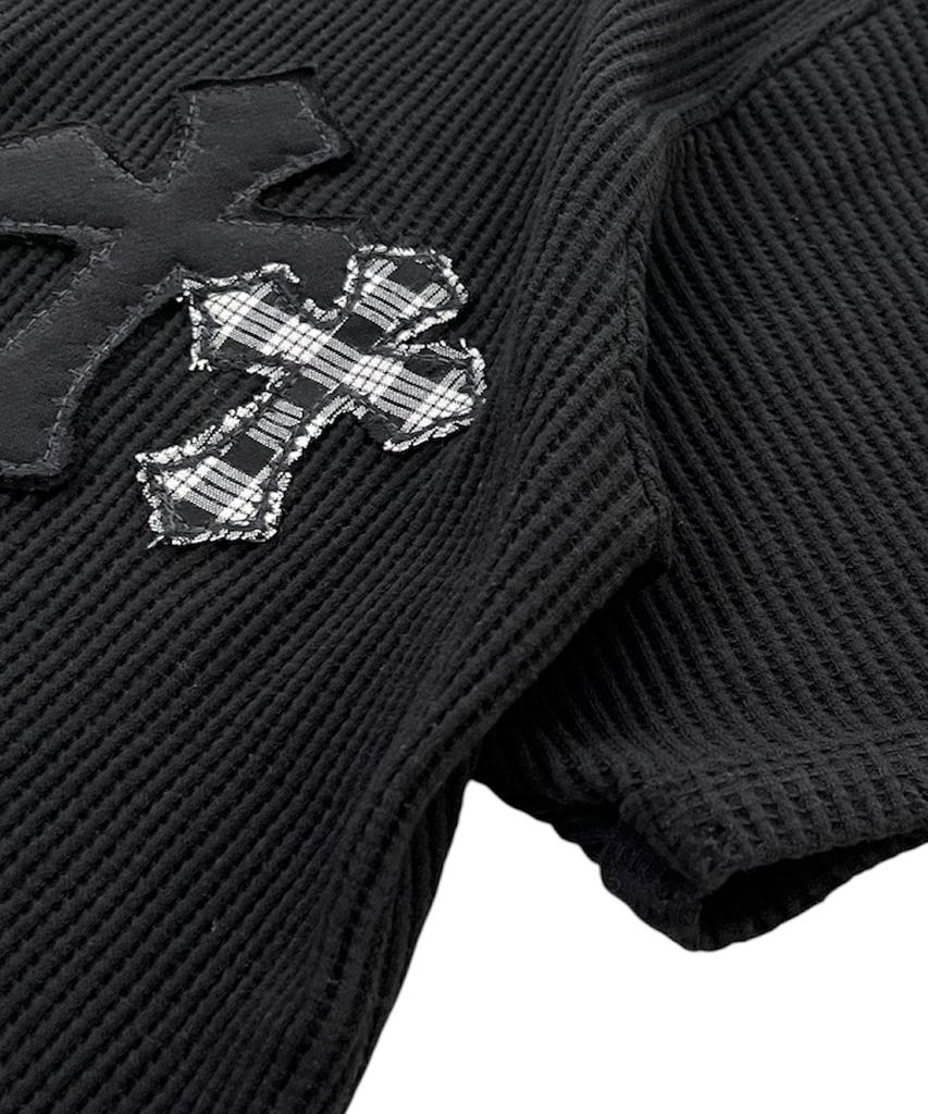 SK8ER ROCK Cross Henley Neck Waffle T-Shirt ((Black))
