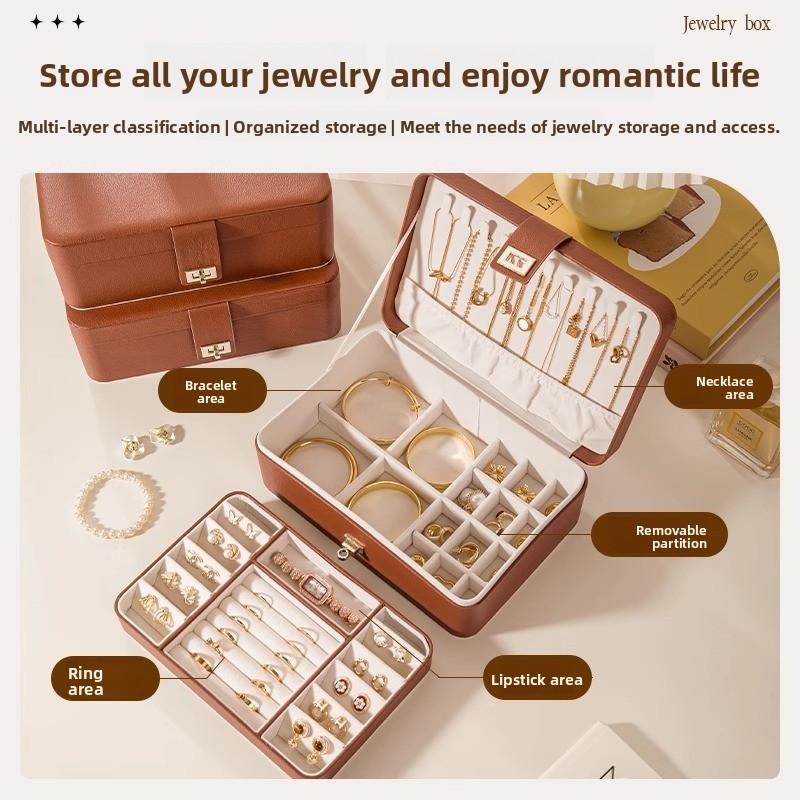 Lockable Zoned Jewelry Box with Stud Earrings, Necklace and Ring, Large Capacity, Multi-layer Leather, Light Luxury Dust-proof Jewelry Storage