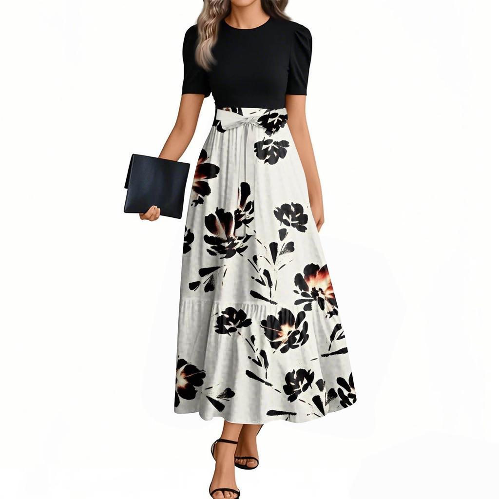 Women's Floral Print High Waist Fashionable And Elegant Dress