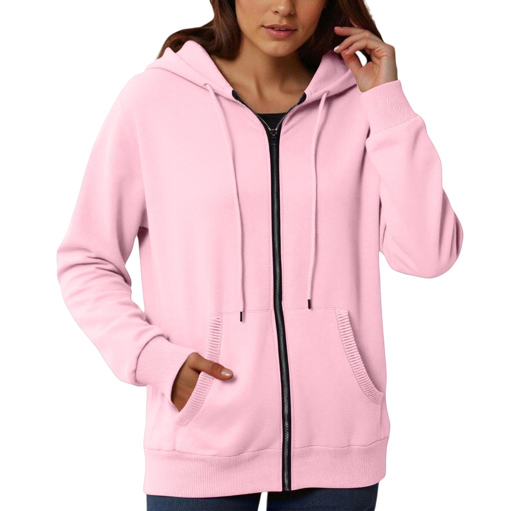 Women's Loose And Comfortable Zipper V-neck Long Sleeved Solid Color Pullover Sweatshirt Jacket