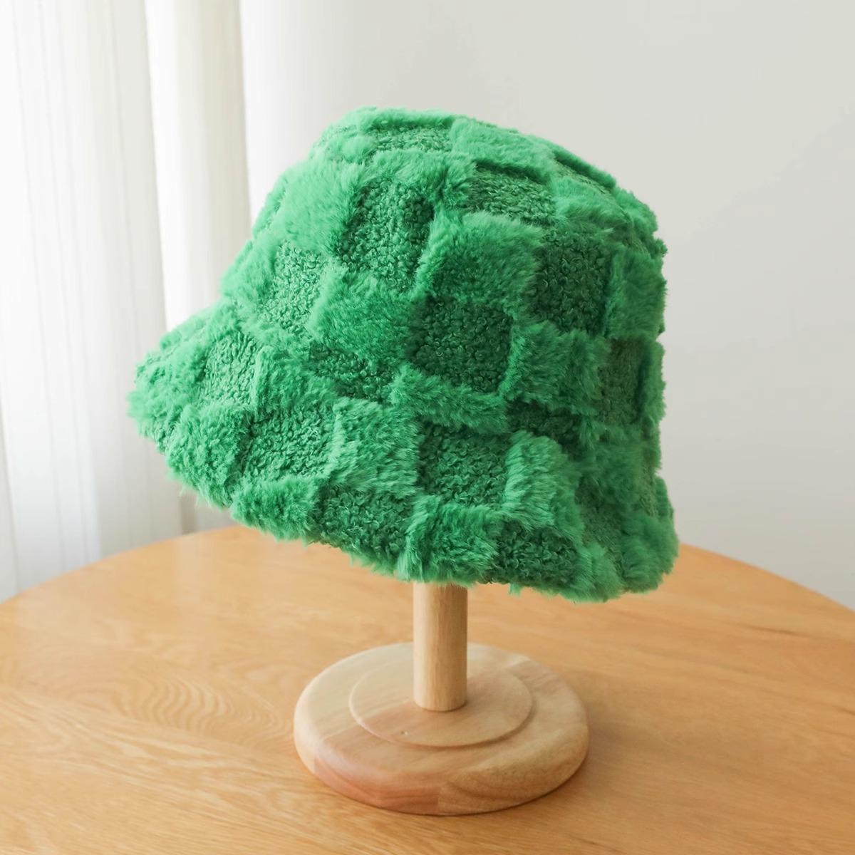 

Зимняя шапка для женщин плюшевая теплая шляпа-ведро большой окружности головы из овечьей шерсти рыбацкая шапка с открытым лицом в мелкую клетку трендовая One Size