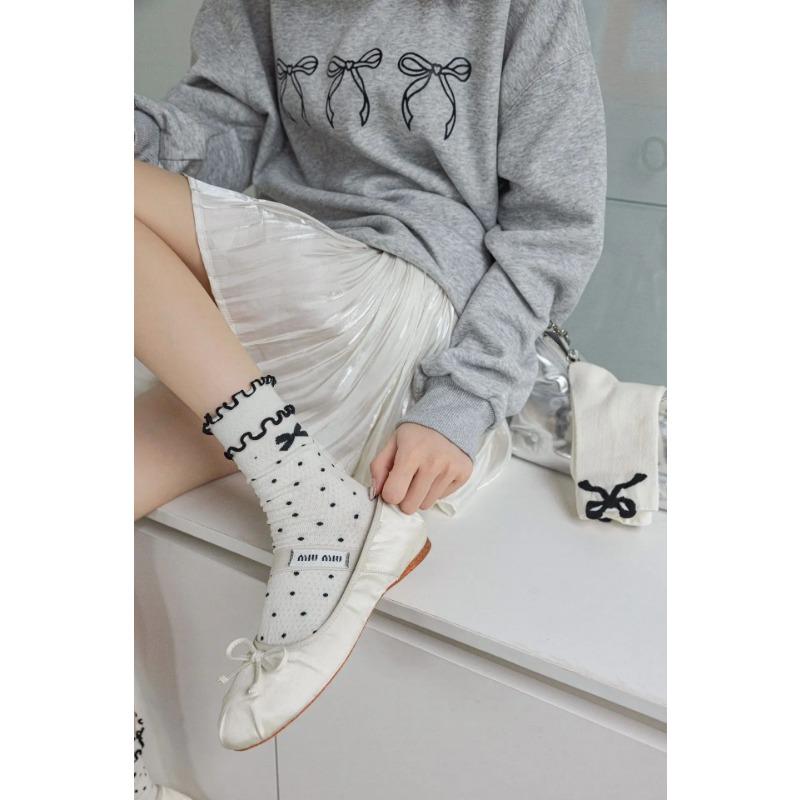 Spring Autumn Sweet Cotton Lolita Ballet Style Ultrathin Breathable Socks for Women Lace Bow Piles of Socks