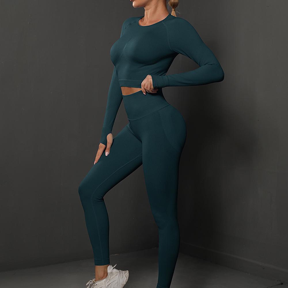 

Бесшовный плиссированный персиковый комплект для йоги и бега с эффектом подтяжки бедер: Длинные брюки и топ с длинным рукавом Large темно-зеленого