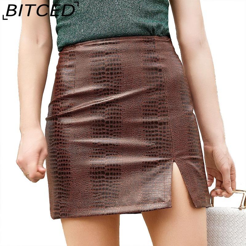

BITCED Summer Women s Crocodile-Pattern PU Skirt with Slit Fitted Stretch Leather Skirt XXL коричневый