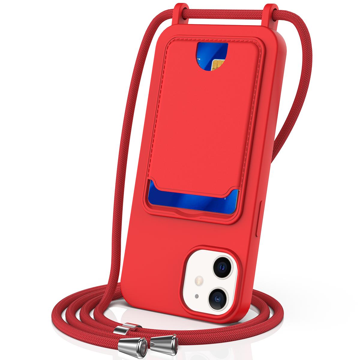 

For iPhone 12 Case Crossbody Strap Liquid Silicone Phone Cover with Card Slot Red