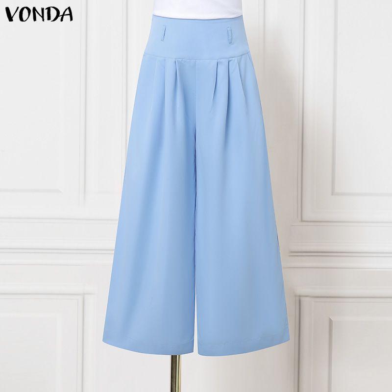 VONDA Women Casual High Zip-up Waist Casual Nonelastic Wide Leg Pants Trousers