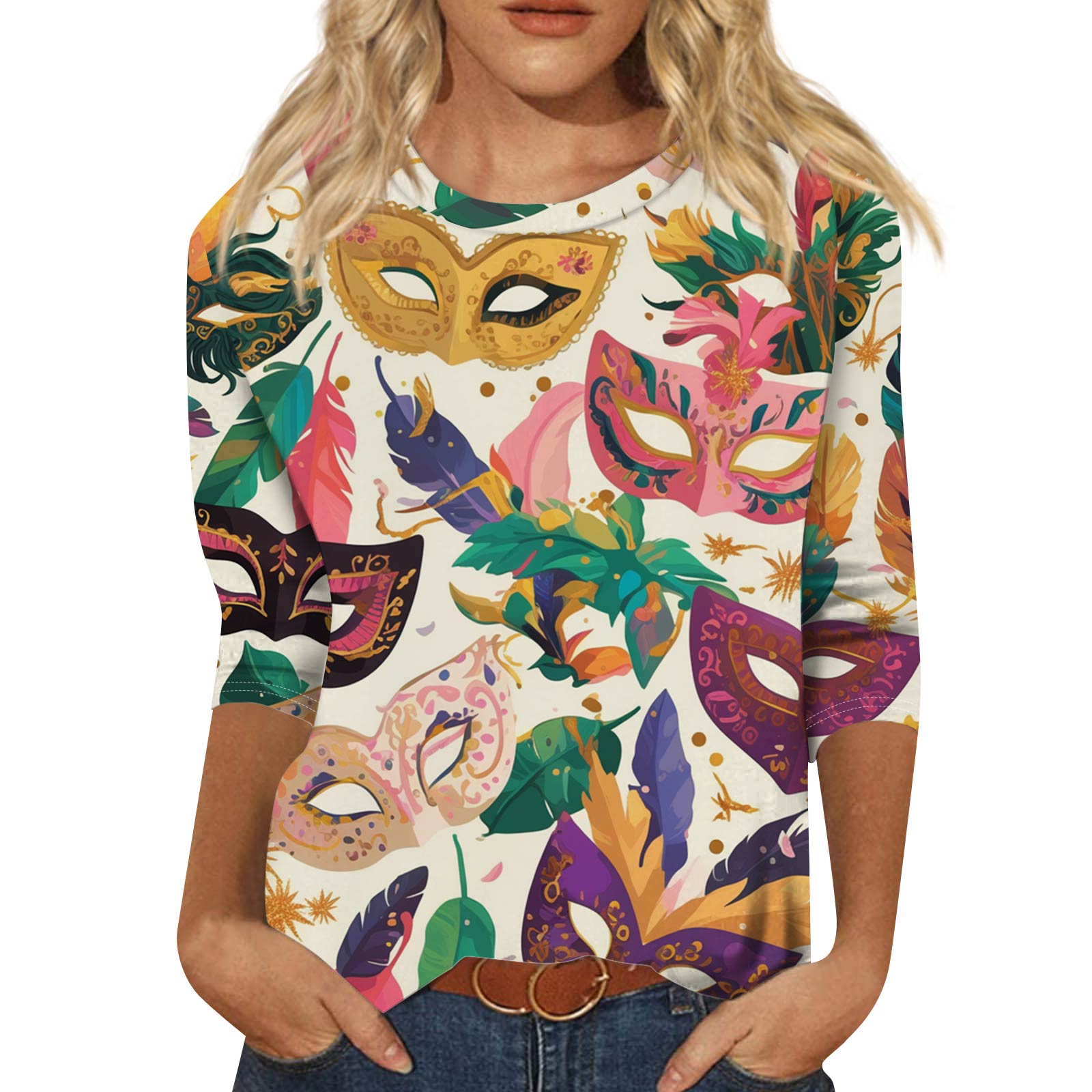 

Женский модный повседневный топ с рукавом три четверти и карнавальным принтом на горловине XXL розовый