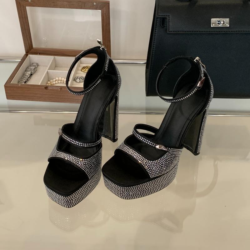 New One-piece Buckle Sandals with Rhinestones for Women, Thick Toe and Black High Heels Platform Sandals Women Shoes