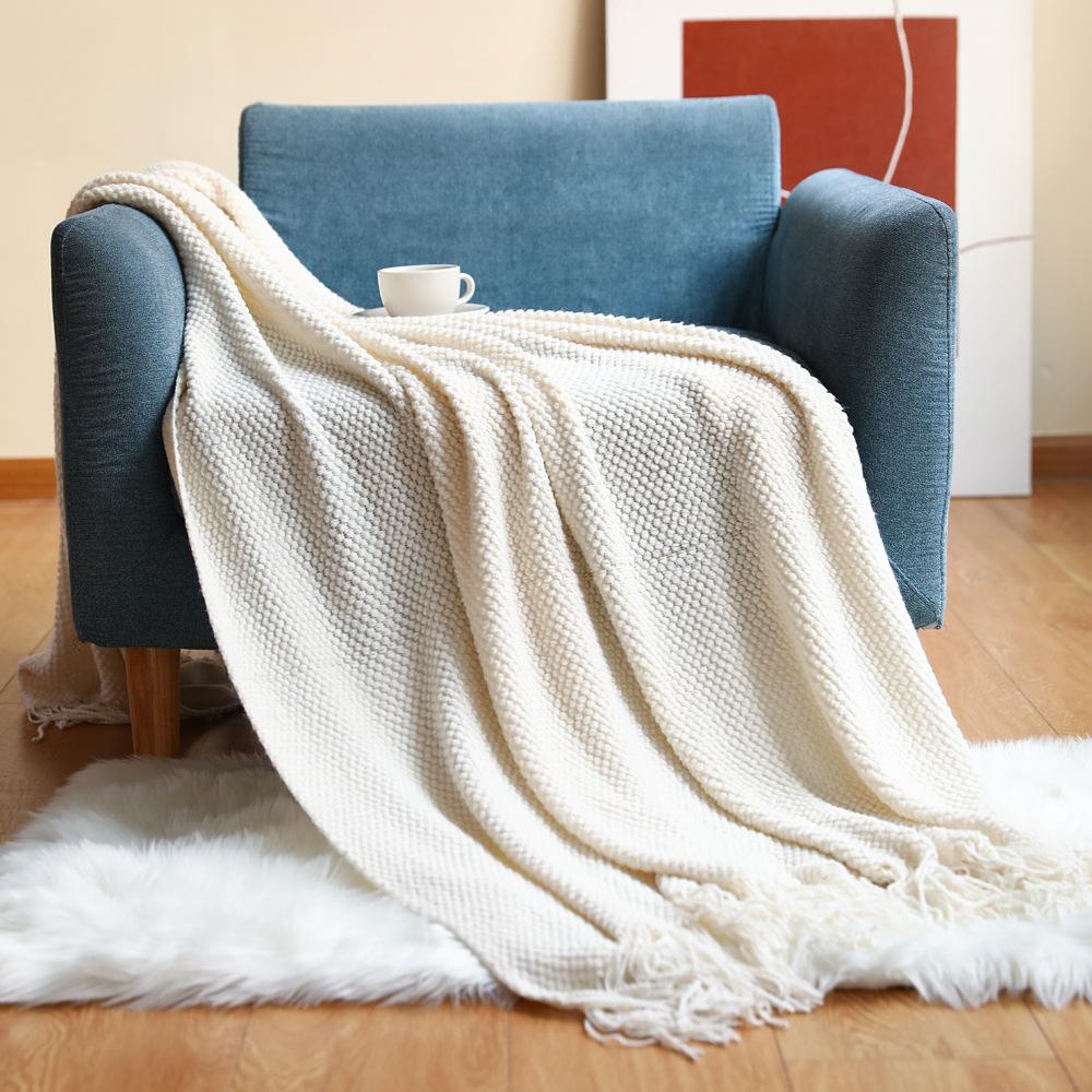 Nordic-style sofa throw blanket, office nap blanket, fringed knitted wool casual air conditioning thin blanket