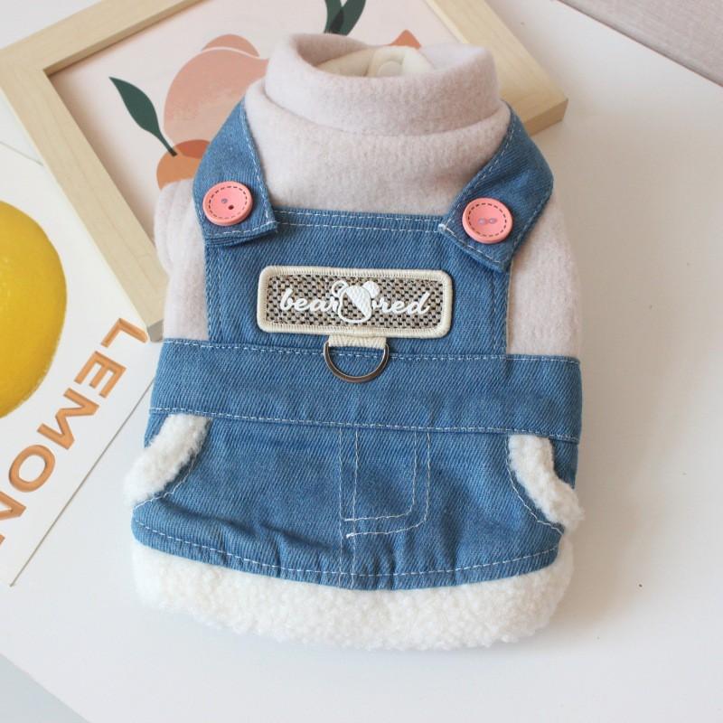 Dog Denim Jumpsuit Set Thick Fleece-Lined Warm Outfit Small Breeds Like Bichon Teddy