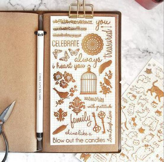 Retro Gold Christmas Stickers: 4 Designs - Cat, Birdcage, English Letters, Garden.