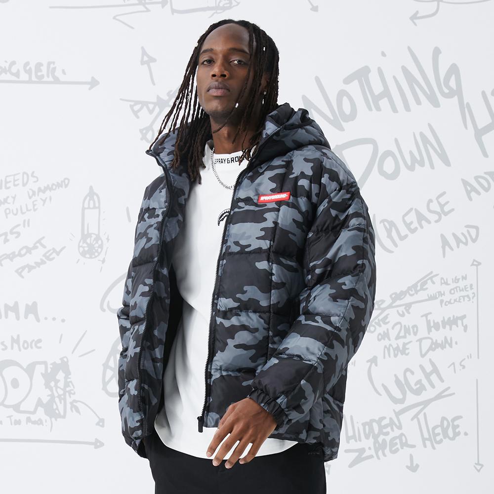 Sprayground Zimní SG Žralok Velký Logo Nášivka Kamufláž Teplá Zipová Péřová Bunda Unisex Svrchní Oblečení Černá WD941318
