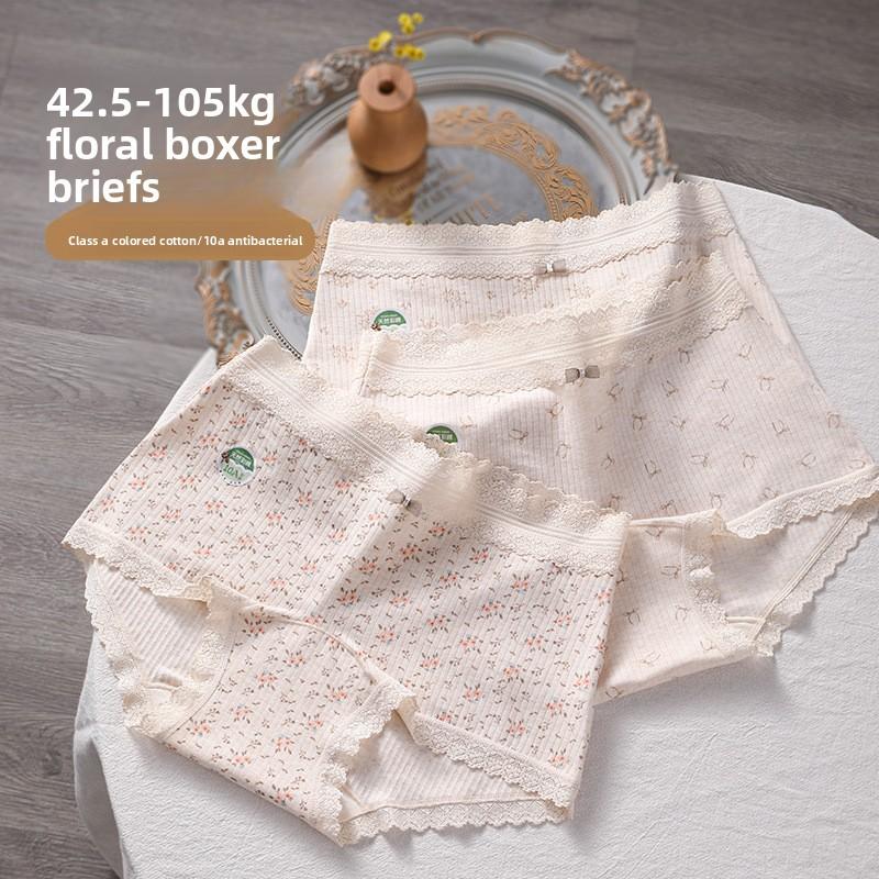 Plus Size Ladies Spring and Autumn Floral Lace Edge Cotton Hip Flat Angle Briefs