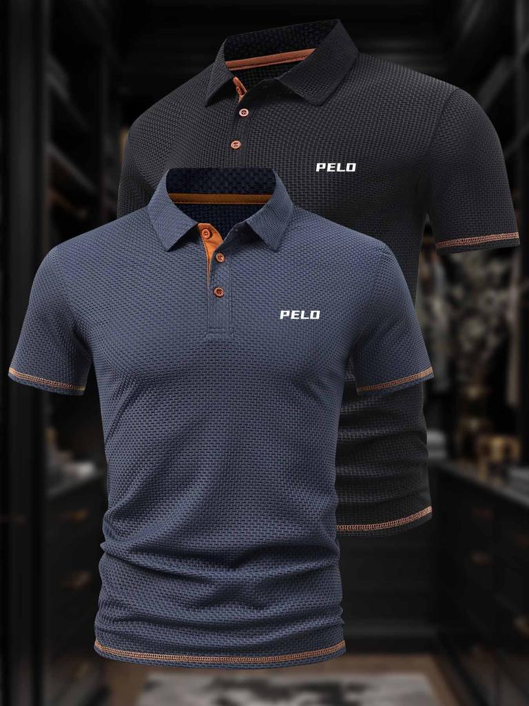 2 Pcs Men's Polo Shirts - Short Sleeve Casual Polo T Shirt Color Block & Stand Collar Slim Fit Golf Shirts