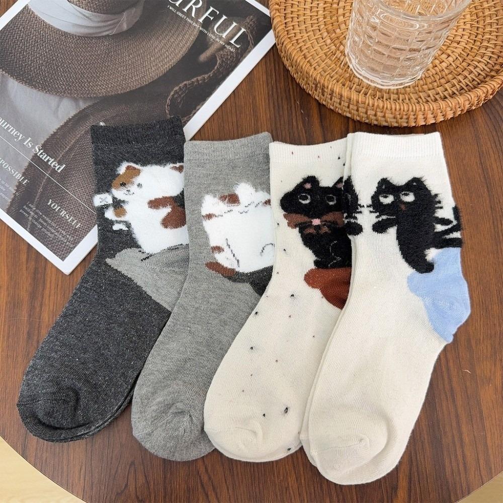 1/4Pairs Trendy Cute Cartoon Cat Women's Socks Casual Soft Floor Socks Cotton Comfortable Snow Boot Socks Gift