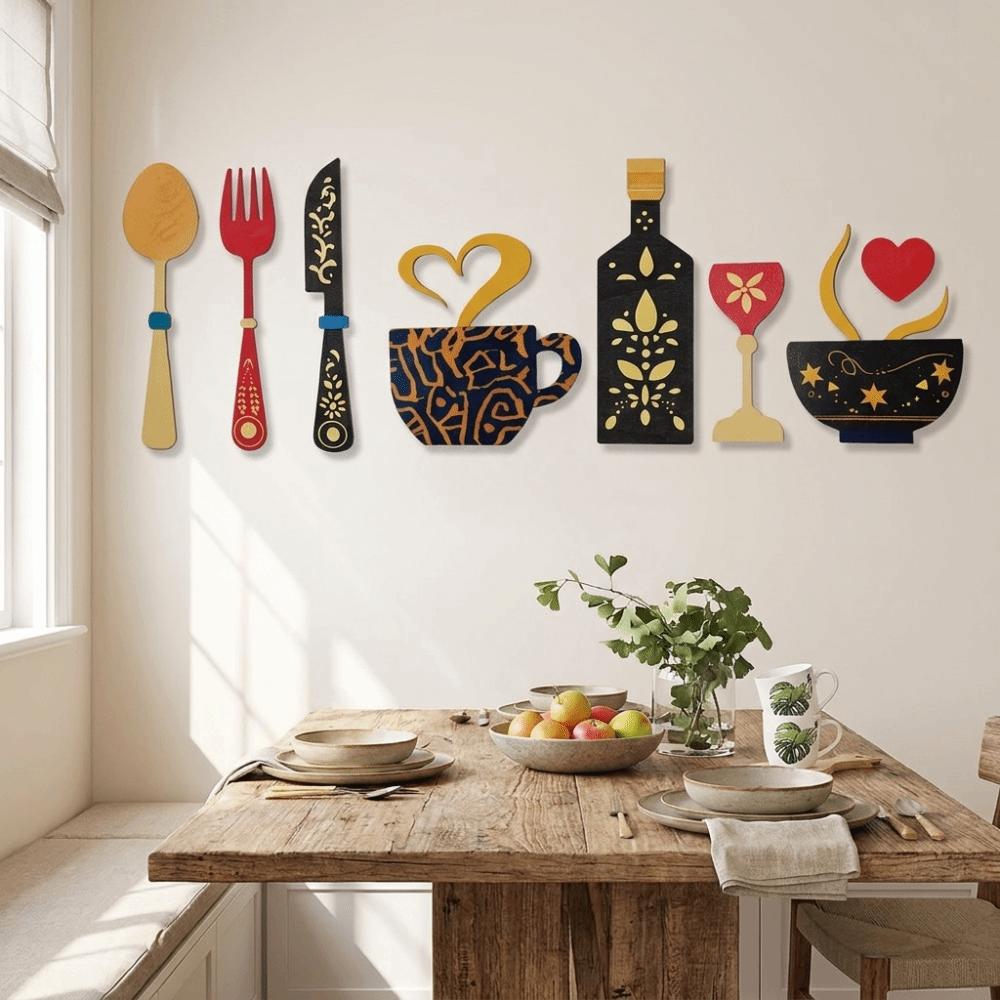 8PCS/SET Rustic Wall Art Decals Wood Fork Spoon Sticker Coffee Cup Wall Sticker  Dining Room