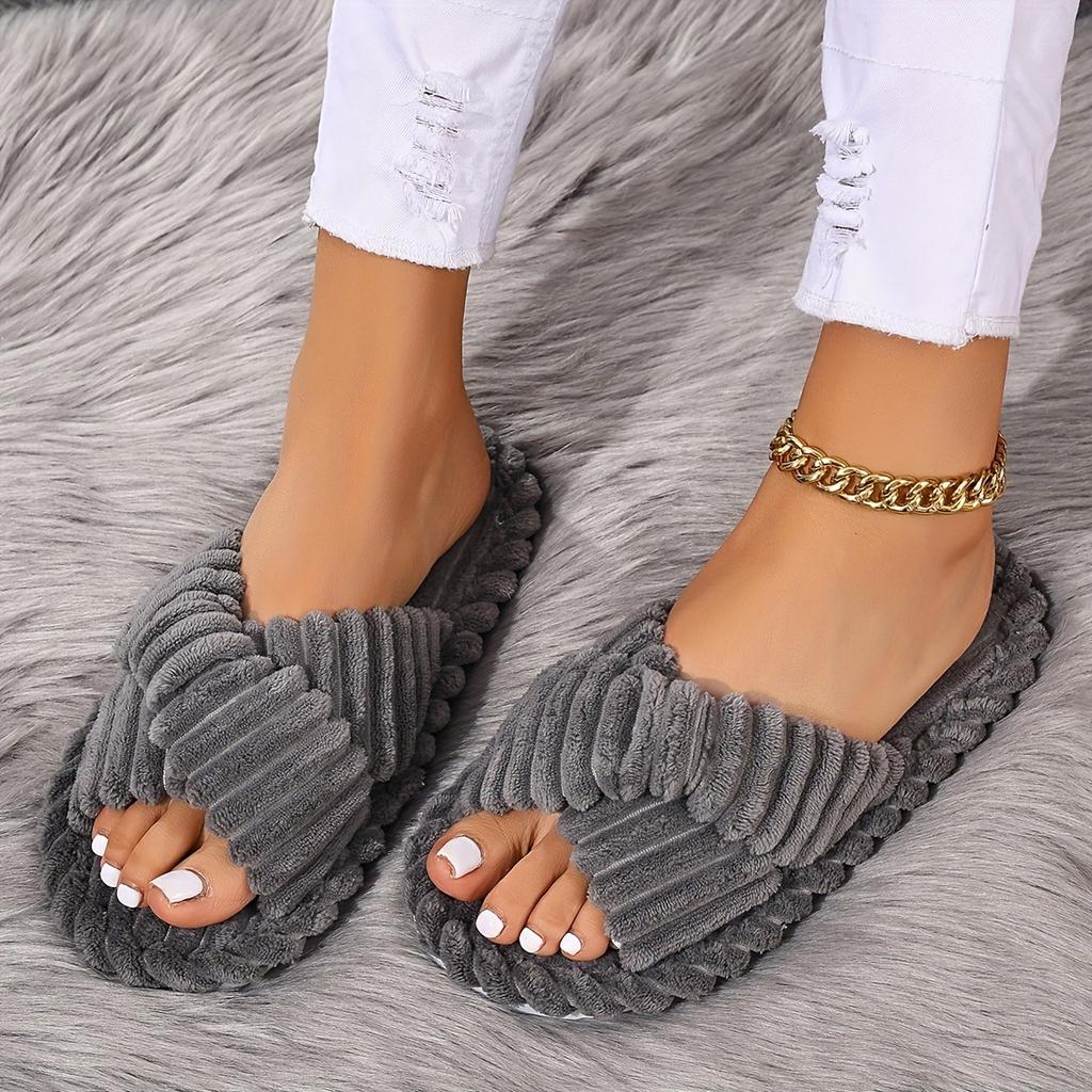 Couple Style Slippers, Lightweight for Home Use. Classic Elegance, Crossed Straps, Fluffy and Soft, Skin Friendly and Warm, One Foot Kick