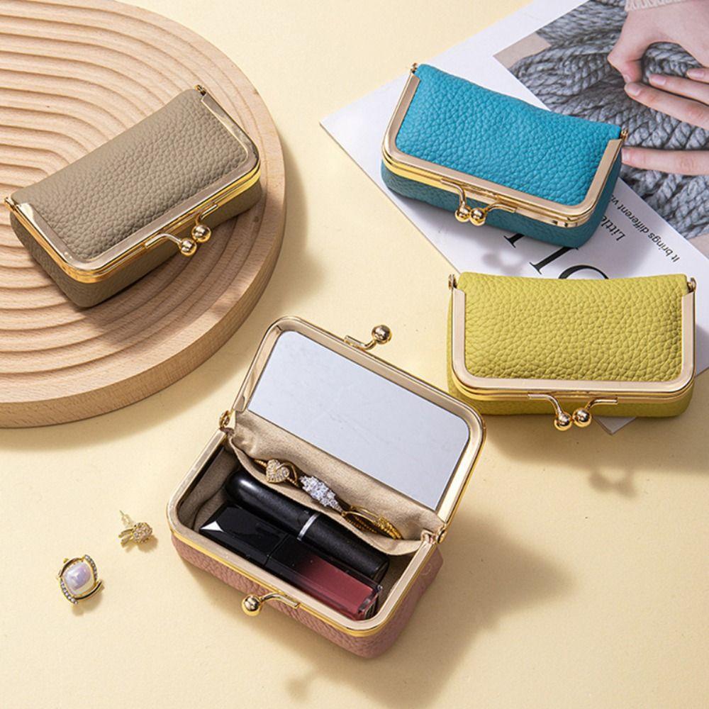 Shopping Portable Lipstick Bag with Makeup Mirror Exquisite Jewelry Storage Box Solid Color Wallet Small Item Bag Keys Lipsticks