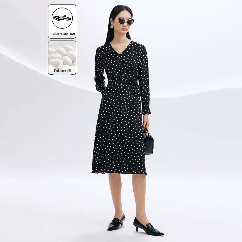 

JESSIE Retro Polka Dot Mulberry Silk V-Neck Midi Dress M