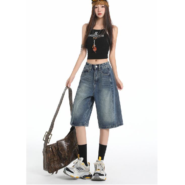 Y2K Street Vintage Tiefer Bund Schräge Tasche Gewaschene Whisker Weites Bein Jorts Bermuda Jeansshorts