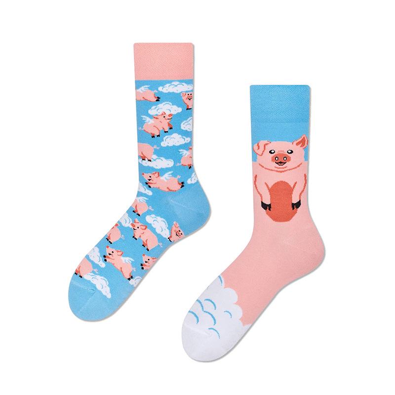 Couple's Cartoon Animal Asymmetrical Cotton Socks - Fun & Trendy Style