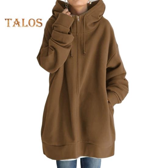 Fall Winter Hooded Jacket Zipper Closure Deawstring Hoodie Long Sleeves Loose Solid Color Warm Pockets Mid Length Neck Protection Coat