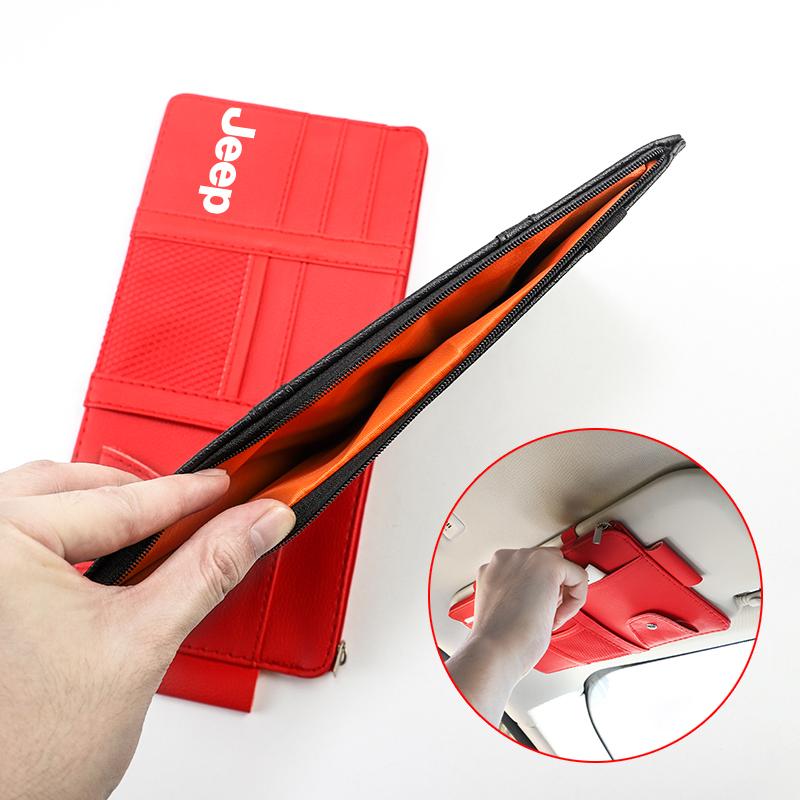 AIB3 Car Sun Visor Storage Card Bag Glasses Clip Phone Holder For Jeep Grand Cherokee Wrangler JK Gladiator Compass Renegade Patriot