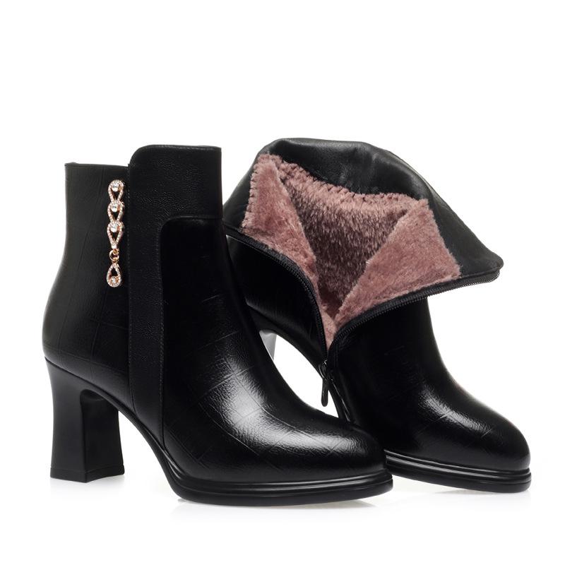 Autumn/Winter 2023 Chunky Heel Ankle Boots - Warm Fleece-Lined Leather Shoes for Middle-Aged Women