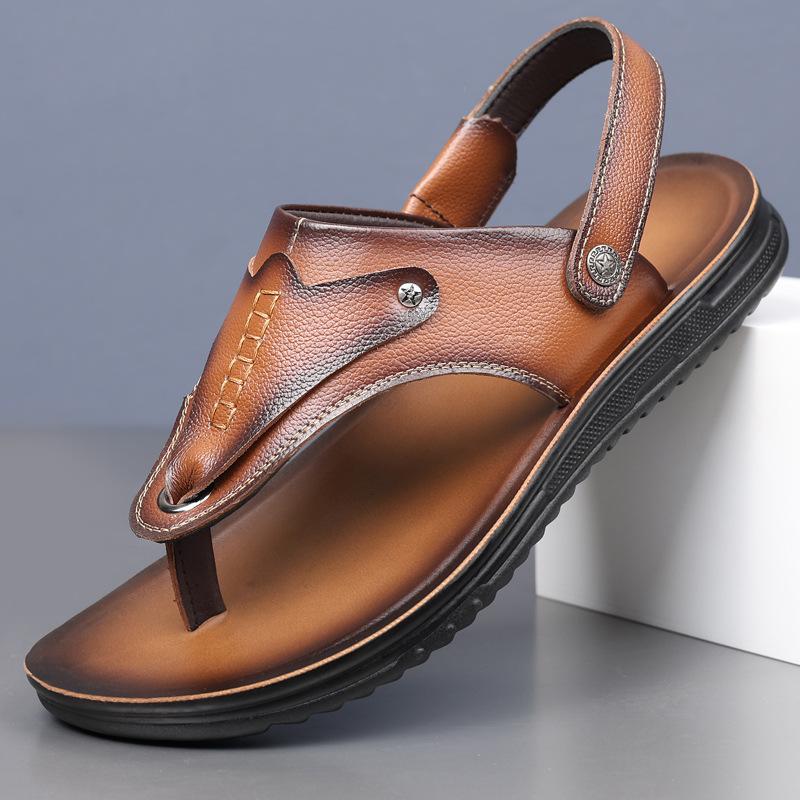 2025 Summer Anti-slip Beach Shoes for Men Casual New Designer Leather Sandals Male Solid Color Flip Flops Man