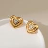 Vintage Solid Love Heart Zircon Inlaid 18k Gold Plated Brass Stud Earrings