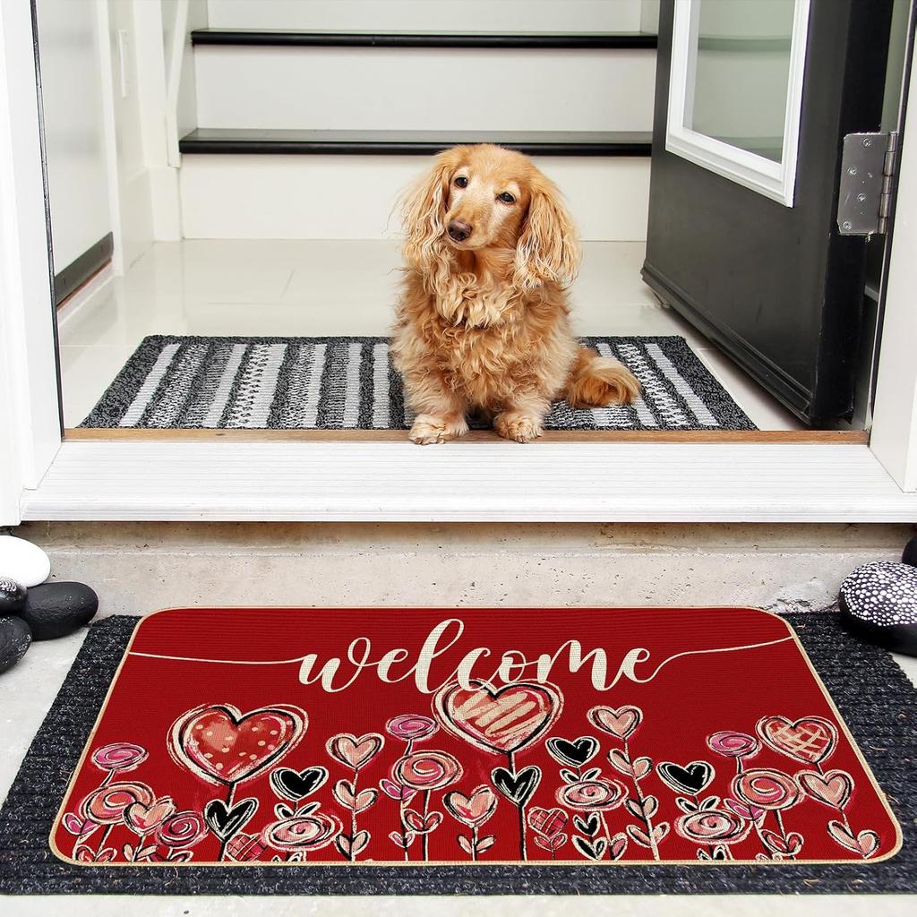 VIKAMA Valentine's Day Welcome Mat Red Heart Front Door Mat Non-Slip Love Floor Mat Indoor Outdoor Kitchen Carpet Home Decor