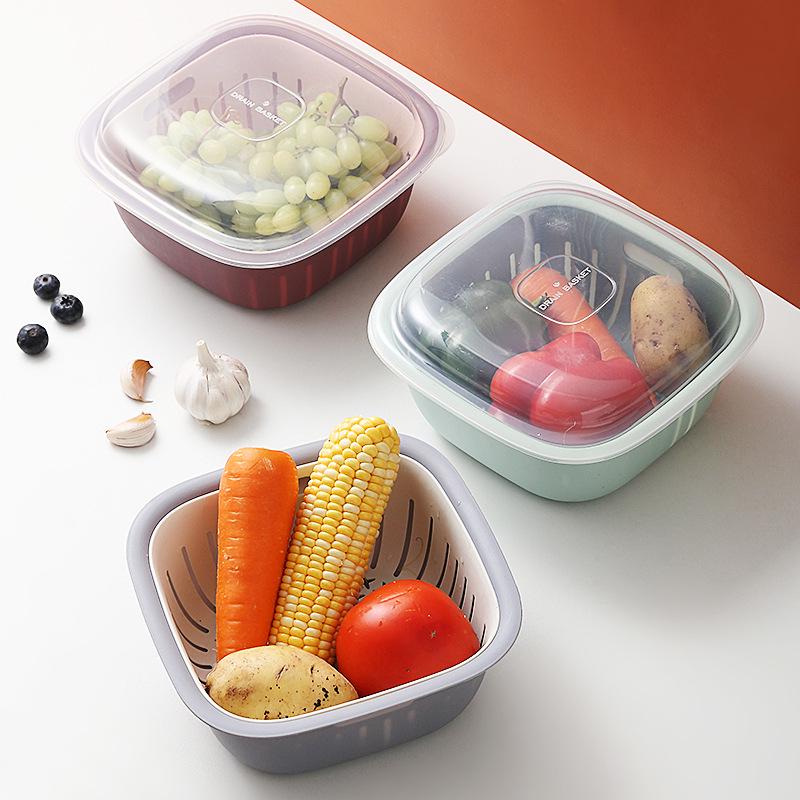Multi-Functional Square Double-Layer Draining Basket: Large Fresh-Keeping Box with Lid for Kitchen Fruit Preservation.
