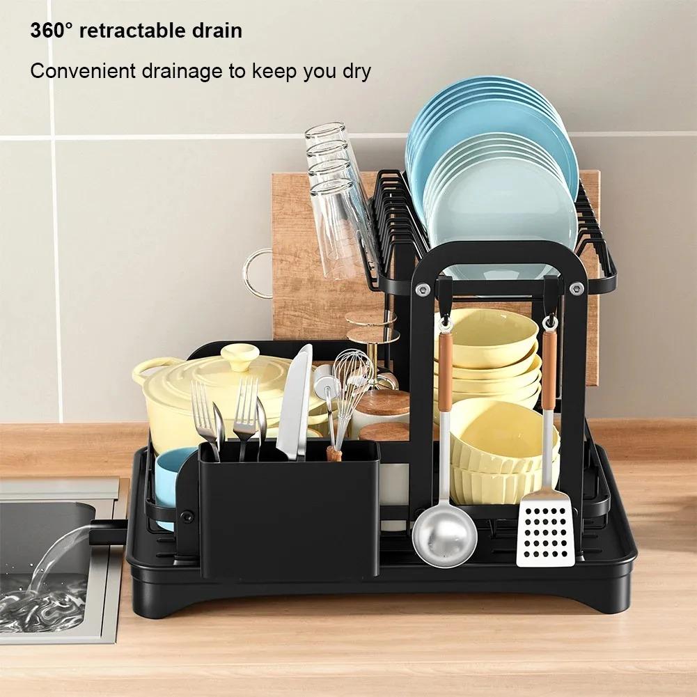 1PC 2 Tier Dish Bowl Drainer Storage Rack Kitchen Dish Drying Rack with Drain Basket Countertop Dinnerware Organizer Drainboard