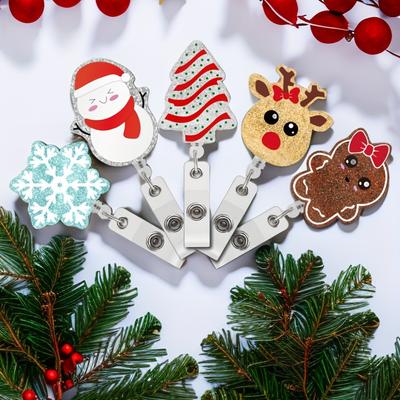 5Pcs Christmas Badge Holders. Retractable ID Card Lanyards for Office, Nurses & Doctors. Festive Gifts.