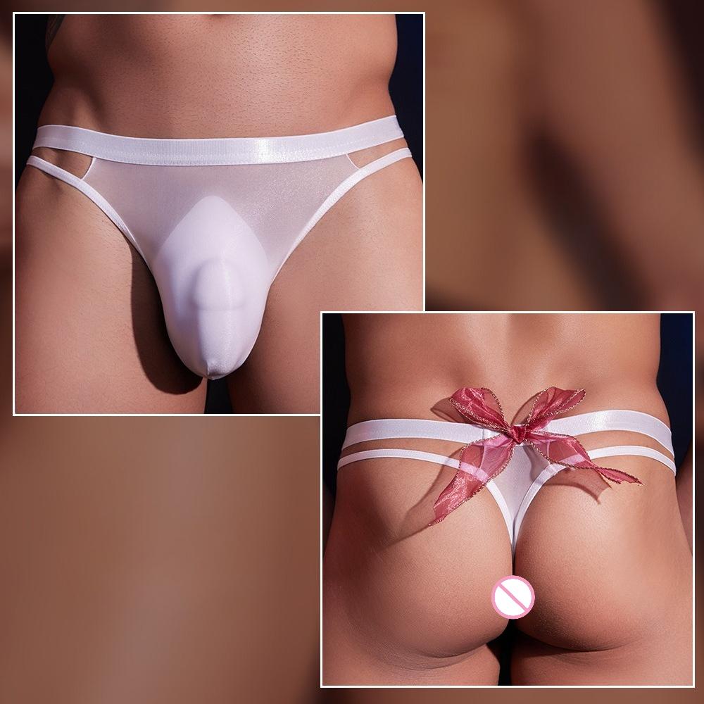Men Low Rise Bulge Pouch Briefs Breathable Underpants T Back Briefs Oil Shiny Glossy Thong Gay Lingerie Exposed Butt Panties