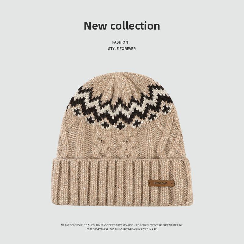 Hat women's autumn and winter striped wool knitted hat retro warm jacquard big head circumference ear protection niche wool hat