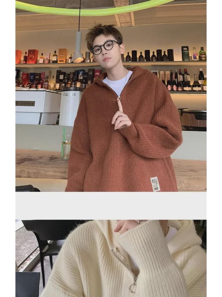 Pánský zimní pletený svetr s kapucí na poloviční zip, volný střih, jednobarevný, ležérní styl pro páry