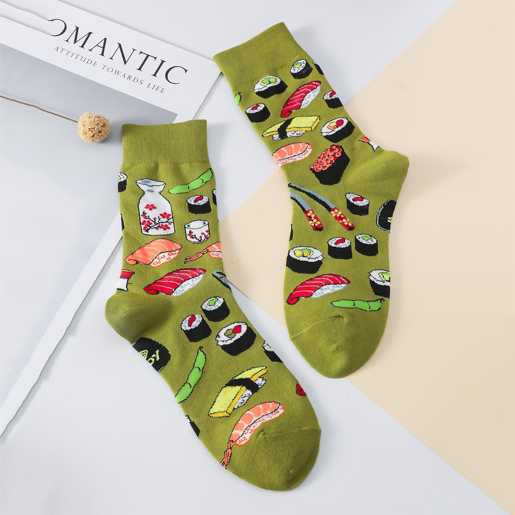 1 Pair Women's Cozy Cotton Crew Socks Sushi Carrot Watermelon Ice Cream Avocado Egg Hamburger Pattern Street Cartoon Funny Socks