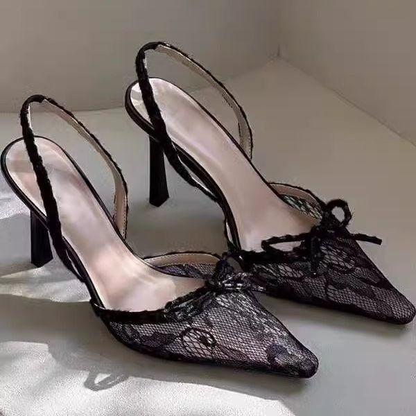 Summer Feeling Embroidered Lace Bow High Heels Thin Heel Small Pointed Head Sexy Royal Sister Net Red Bag Head Sandals