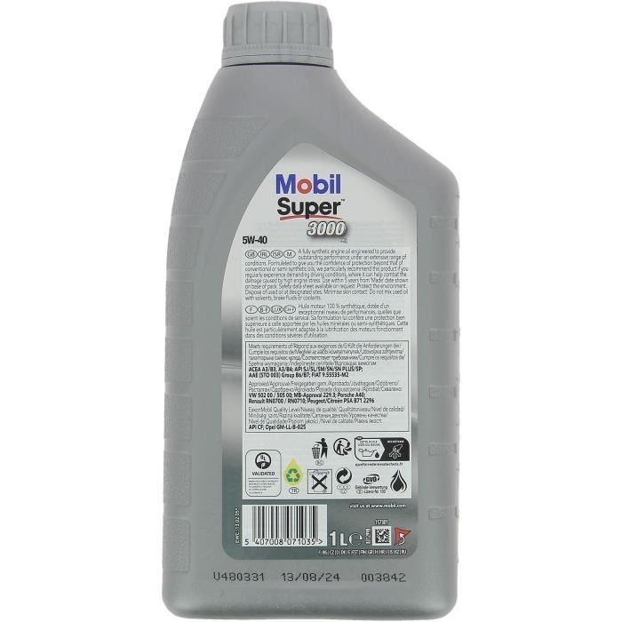 Huile moteur 5W-40 Synthétique - MOBIL - Super 3000 X1 - bidon 1L - haute performance anti-pollution