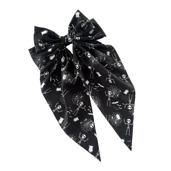 Festive Halloween Hair Accessory Bow Spring Clips for Women, Pumpkin Skeleton Ghost Hand Printed Clip Fabric Barrettes, Cute Horror Accessories