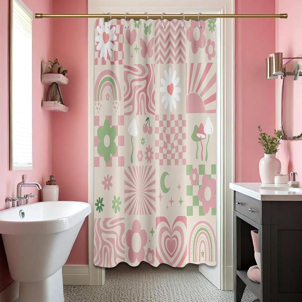 Retro Shower Curtain Cute Pink Y2k Groovy Girls Floral Bathroom Decor, Waterproof Cloth Fabric with Hooks