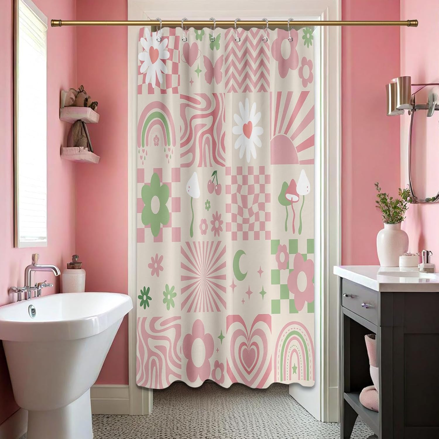 

Retro Shower Curtain Cute Pink Y2K Groovy Girls Floral Bathroom Decor, Waterproof Cloth Fabric With Hooks W60H190(CM)-1 Pcs